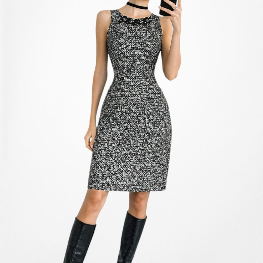 Vintage Y2K 90s Black White Printed Knee Length Cocktail Bodycon Dress Size M
